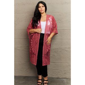 Lace Duster Kimono Three-quarter Sleeves Open Front Long Solid Relaxed Fit Rose